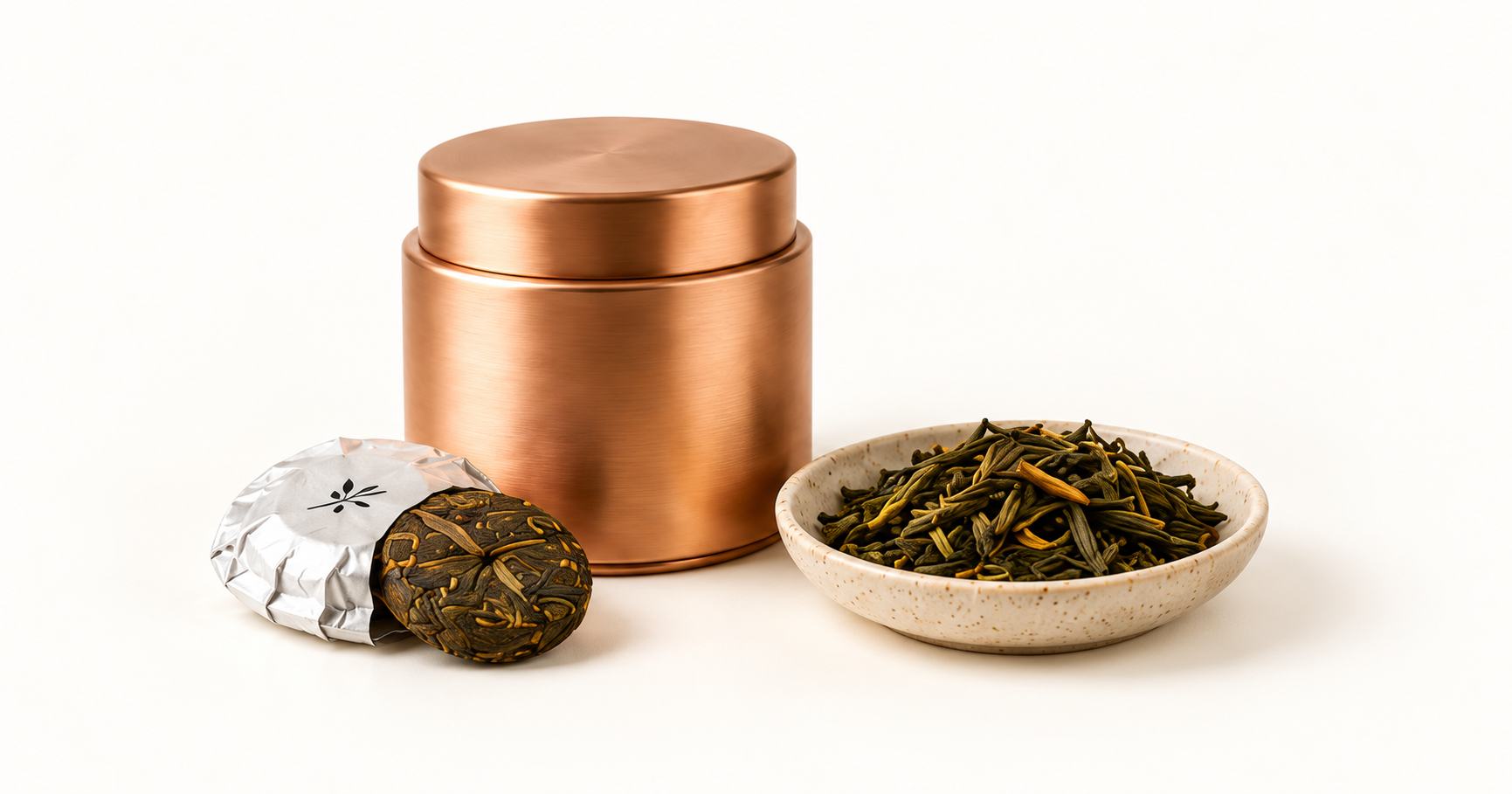 Loose-leaf tea caddy and wrapped tea rounds